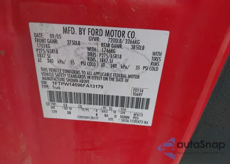 2006 Ford F-150 Fx4/Lariat/Xlt из США, поврежденный, VIN 1FTPW14596FA13179